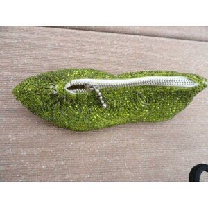 Vintage 1950's Beaded Slipper Shoe Change Coin Purse Made In Japan Green Silver